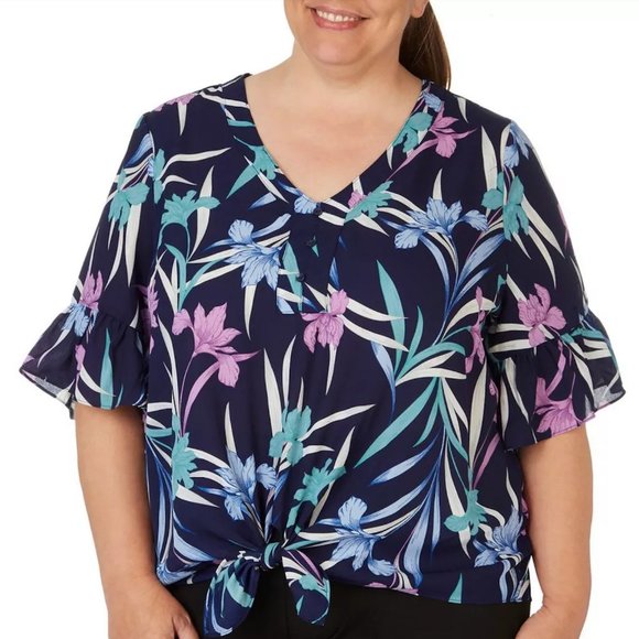 NWT Ladies' blue short sleeve pintuck floral blouse w/ front tie, size Med - Picture 1 of 13